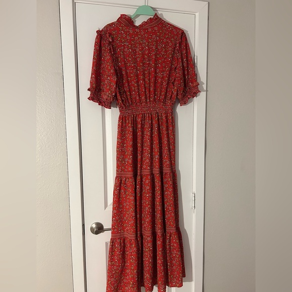 Max Studio Tiered Boho Red Floral Puff Sleeve Maxi Dress - Picture 8 of 8
